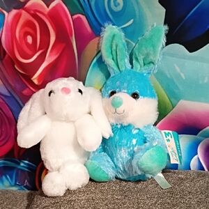 Plush Bunny Pair - White and Teal Small Pets Plush Toys